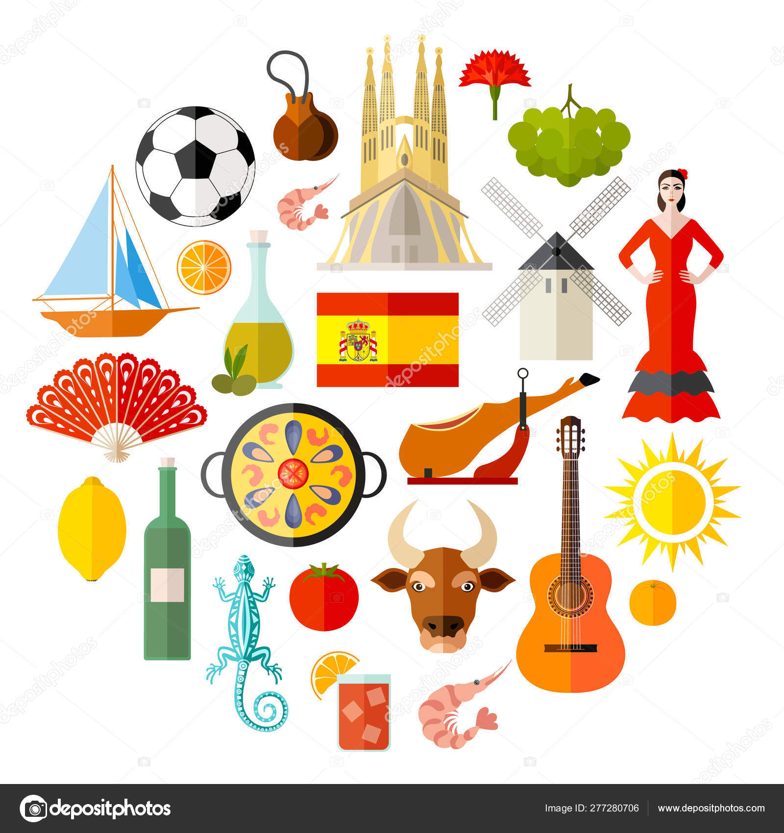 Icons and popular symbols of Spain. A set of vector attributes. — Stock ...