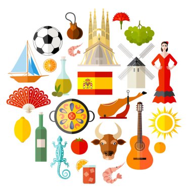 Simgeler ve İspanya'nın popüler sembolleri. Vektör öznitelikleri kümesi.