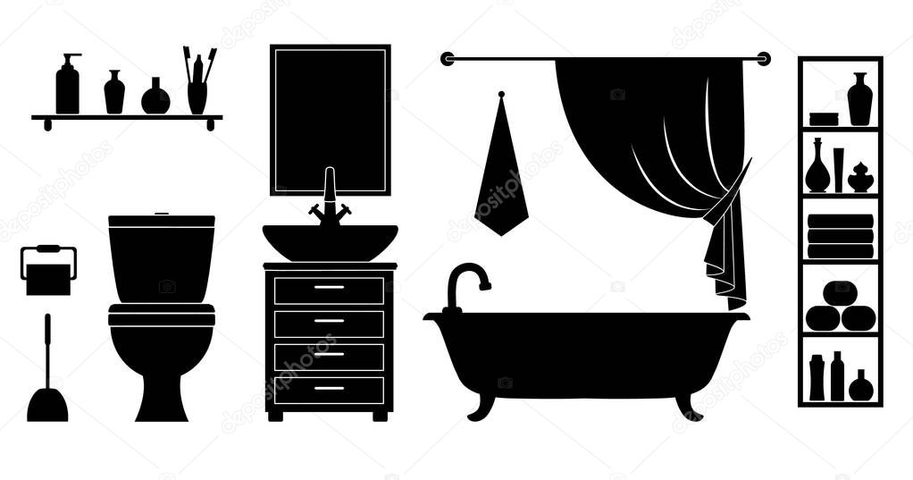 Lavatory with bathtub, toilet, sink and accessories. Vector silhouette of the interior.