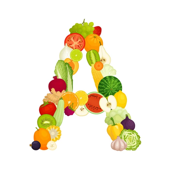 Lettre vectorielle de la nourriture. Légumes et fruits en forme de lettre A . — Image vectorielle