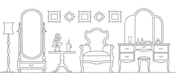 Interiören i damrummet med möbler och accessoarer. Interiör i linjär stil. Vektor. — Stock vektor