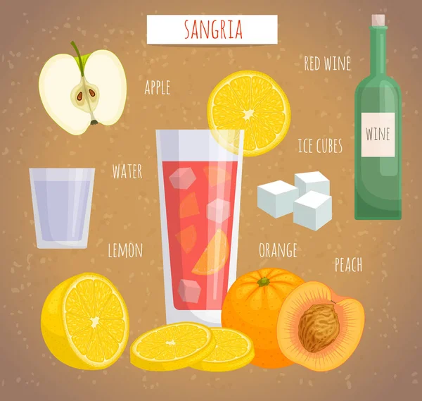 Nasıl alkollü içecek sangria yapmak. Vektör illüstrasyon. Malzemelerle İspanyol kokteyli. — Stok Vektör