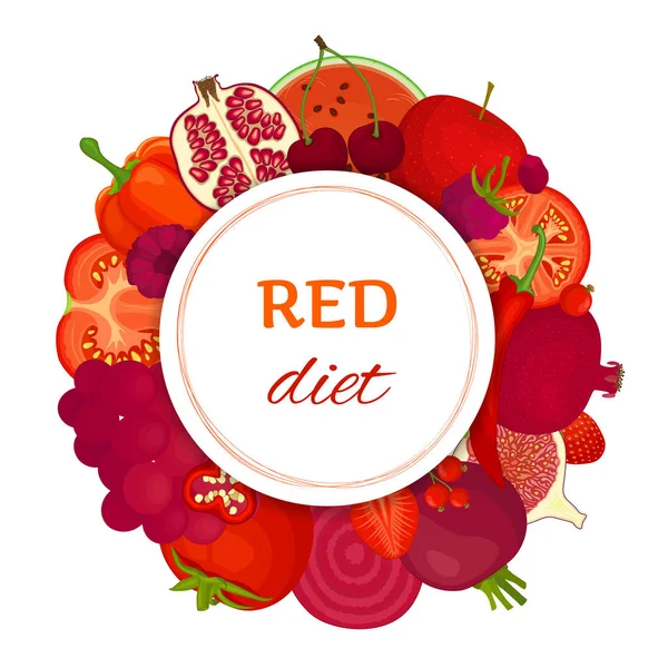 Диета из красных овощей и фруктов. Векторная рамка. Иллюстрация на тему потери веса и здорового образа жизни . — стоковый вектор