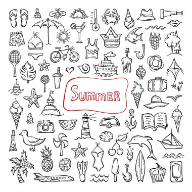 Doodle yaz özellikleri. Elle çizilmiş plaj simgeleri. Vektör.