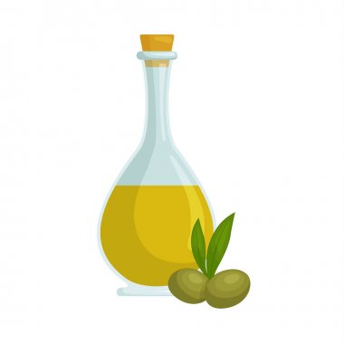 Bir şişe zeytinyağı ve zeytinden kompozisyon. Vektör.