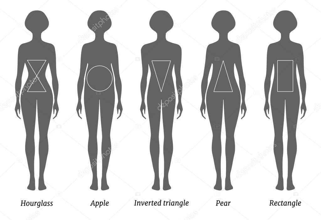 Types of female figures. Vector silhouettes with inscriptions.