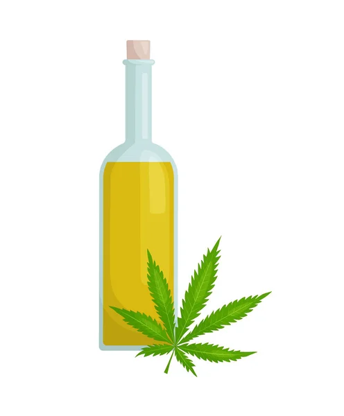 Vektorzusammensetzung mit einer Flasche Hanföl und einem Blatt Cannabis. — Stockvektor