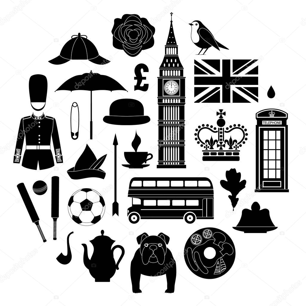 Silhouettes symbols of Great Britain. Set of vector stencils.