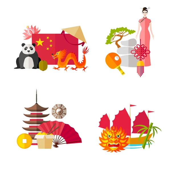 Composiciones con símbolos de China. Atributos orientales. Vector de tarjetas prefabricadas sobre el tema del turismo . — Vector de stock