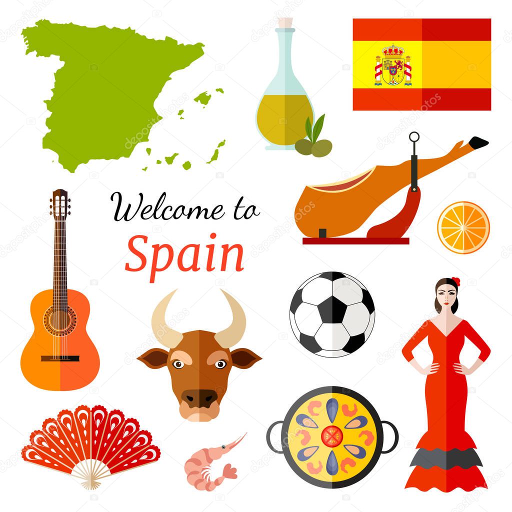Card with the image of the symbols of Spain. Vector illustration.