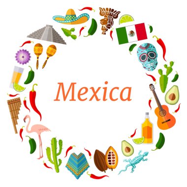 Meksika sembolleri ile vektör çelenk. Bir turist tema için şablon. Yuvarlak çerçeve.