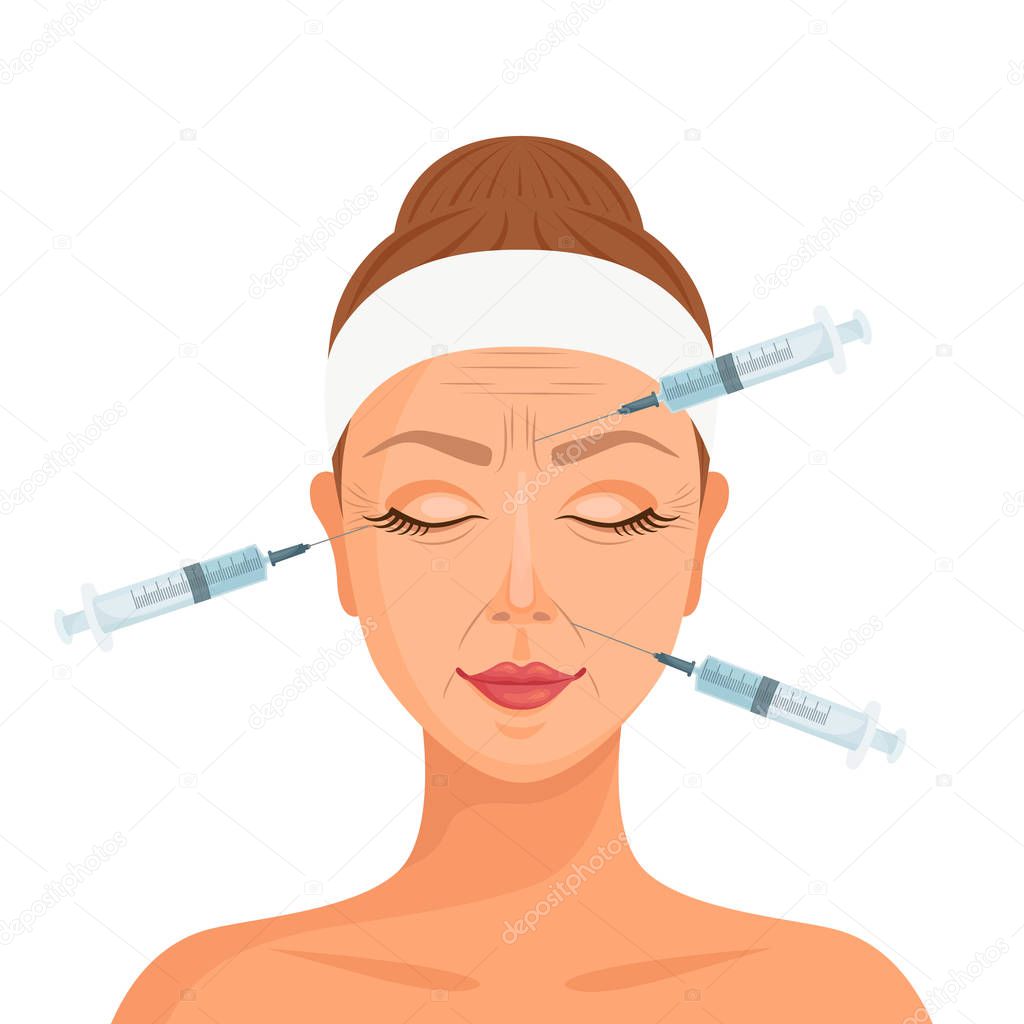 Injections of botulinum toxin in the face. Vector. Cosmetic procedure from aging.