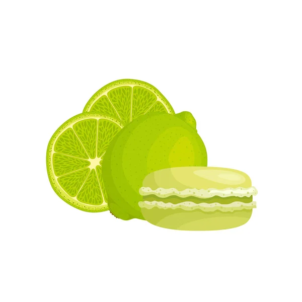 Nature morte avec du macaron et des citrons verts. Bannière vectorielle avec dessert français . — Image vectorielle