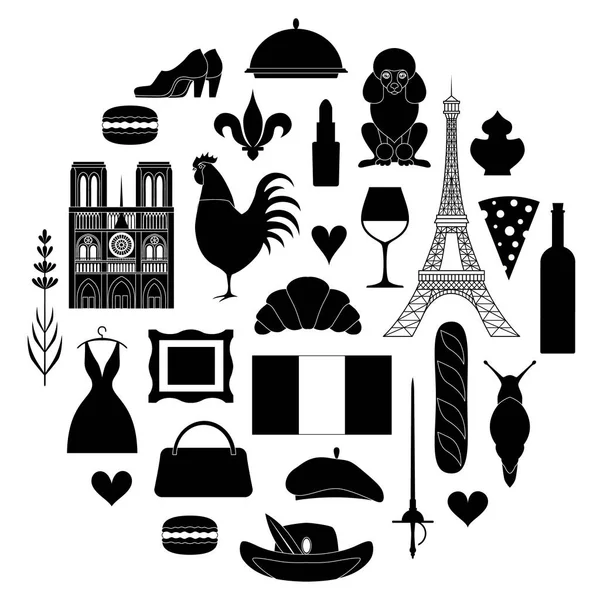 Conjunto de siluetas de símbolo francés. Ilustración vectorial . — Vector de stock