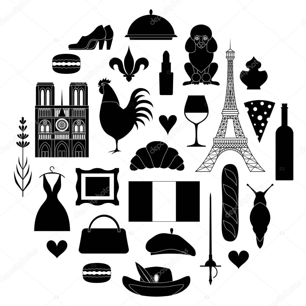 Set of french symbol silhouettes. Vector illustration.