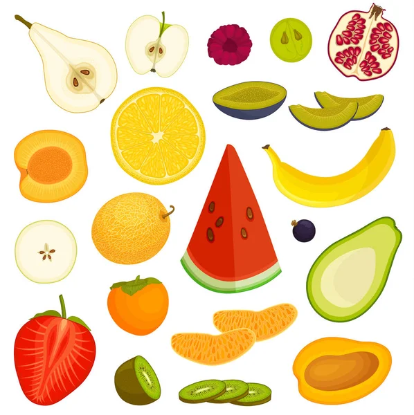 Set e s di vari frutti maturi. Frutta intere tagliate a fette e a metà. Vettore . — Vettoriale Stock