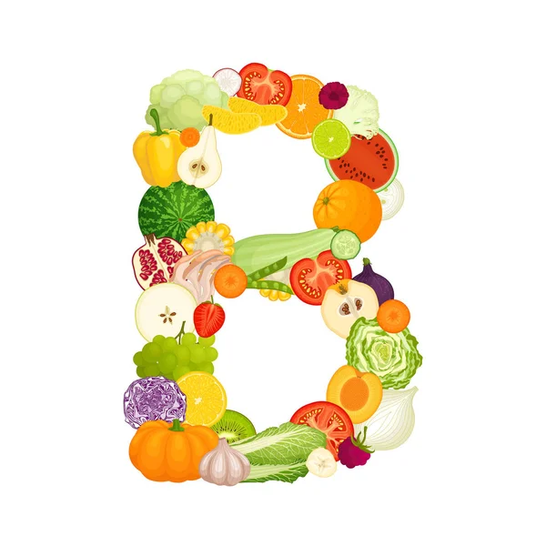 食物からのベクトル文字。文字Bの形をした野菜や果物. — ストックベクタ