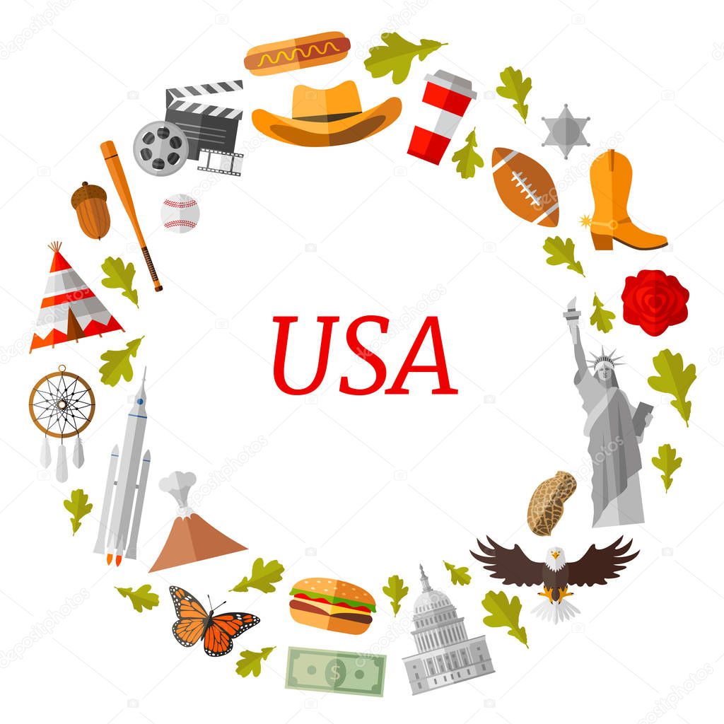 Frame template of USA symbols. Vector wreath. American travel.