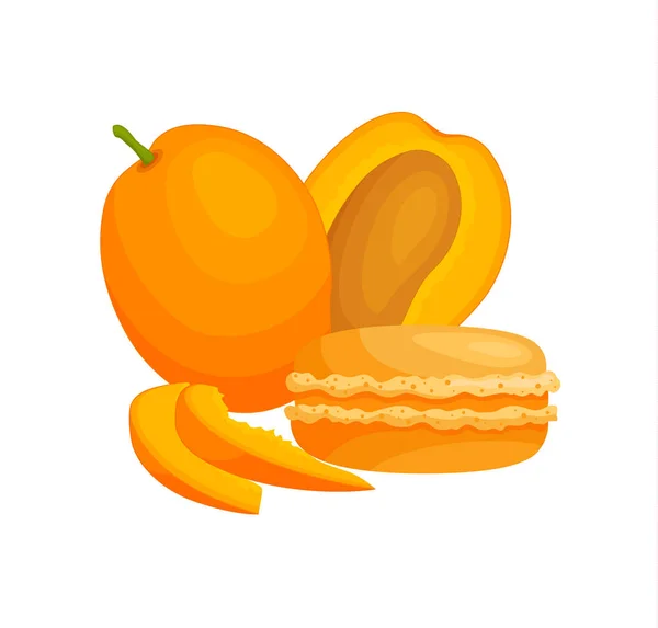 Stilleven met Macaroon en en mango. Vector banner met Franse cookies. — Stockvector