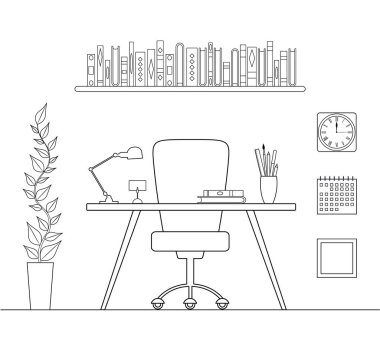 Ofis bir vuruş tarafından çizilmiş. Doğrusal illüstrasyon. İşyeri veya özel ofis