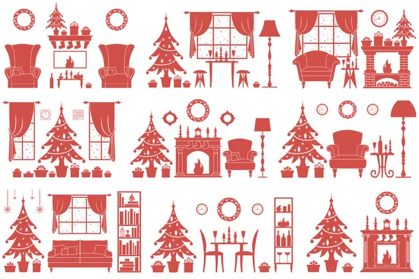 Um conjunto de interiores decorados para o Natal. Ilustração vetorial. Silhuetas . —  Vetores de Stock