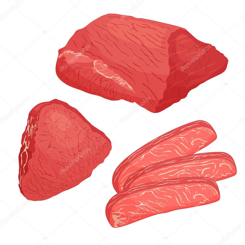 Sliced beef. Vector. Raw steak. A piece of meat on a white background.