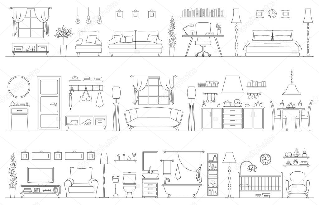 Set of linear interiors. Vector illustration. Panorama from various rooms.