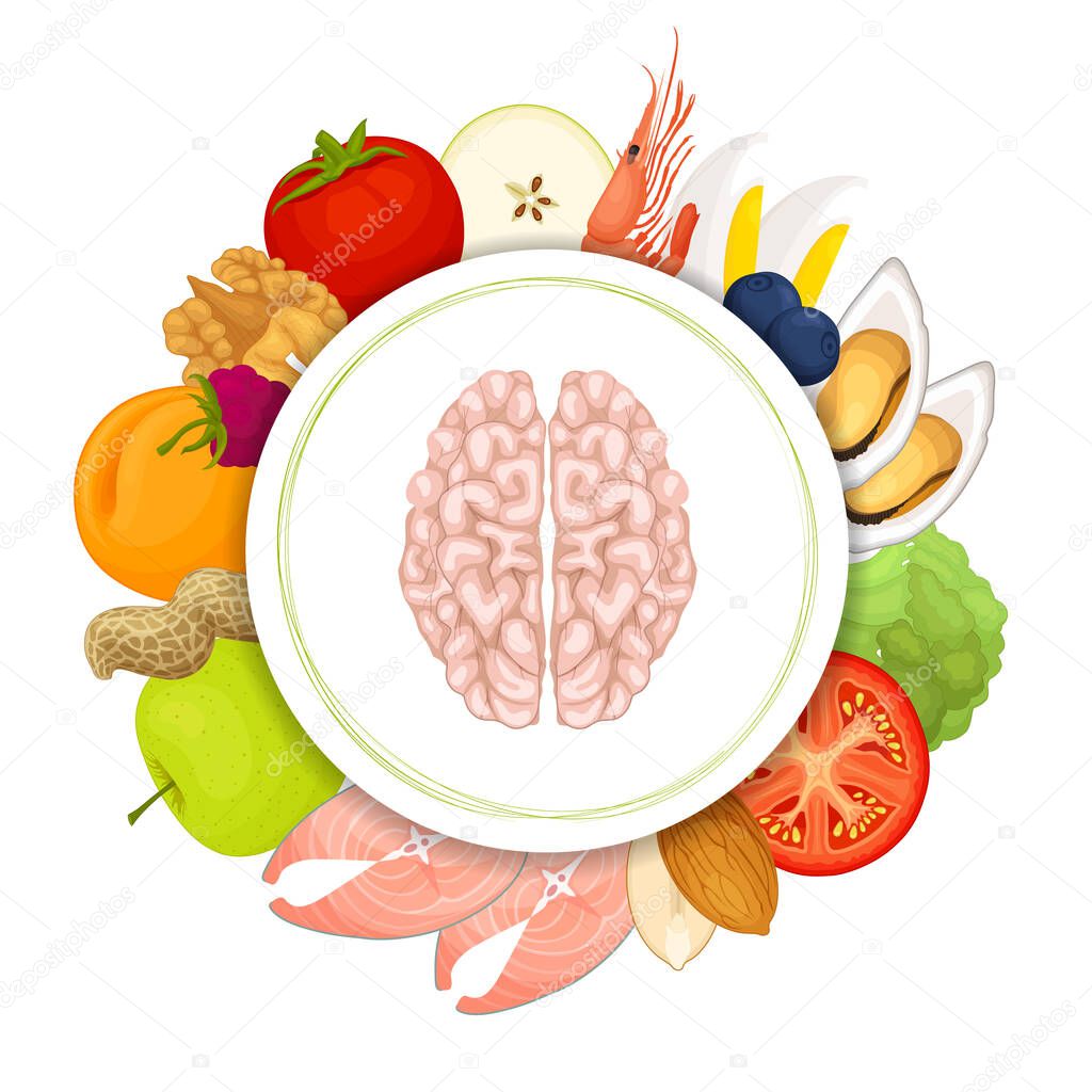 A set of products for good brain function. Vector round frame.. Composition