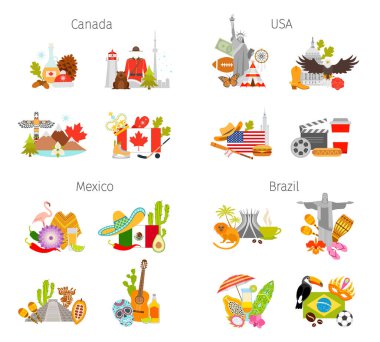 Compositions with famous symbols and attributes of Canada, Mexico, USA and Brazil. Vector banner. Set of design elements. clipart