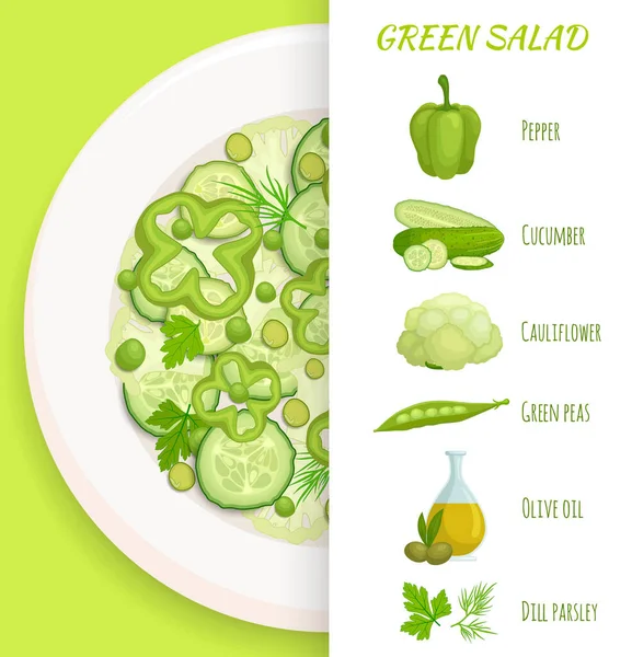 Banner with a salad of green vegetables. Vector illustration. Top View. Recipe. — ストックベクタ