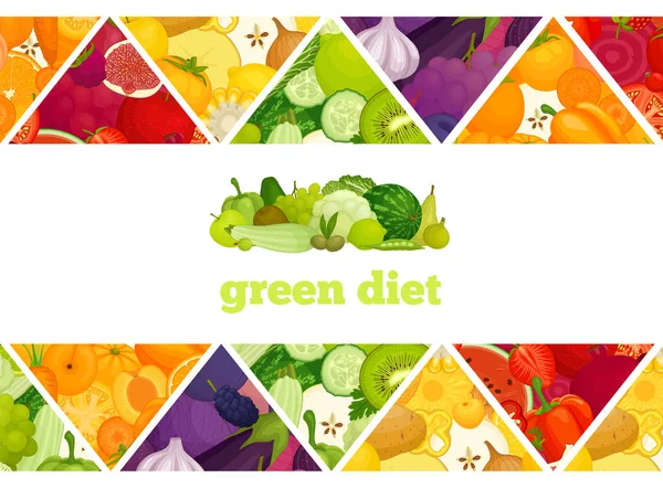 Vektorový prapor s barevným pozadím ze zeleniny a ovoce. Zelená strava pro vegany. — Stockový vektor