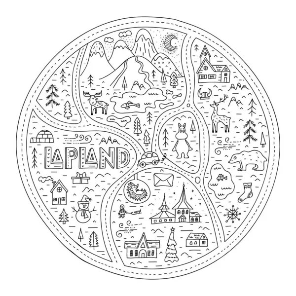 Doodle abstract map of Lapland з орієнтирами і символами. Векторні листівки. — стоковий вектор
