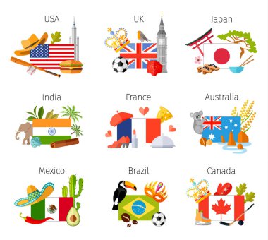 Travel collages with flags and main symbols of different countries. Vector clipart