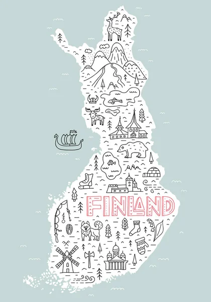 具有主要符号和景观的芬兰格式化旅游地图。 B.病媒. — 图库矢量图片