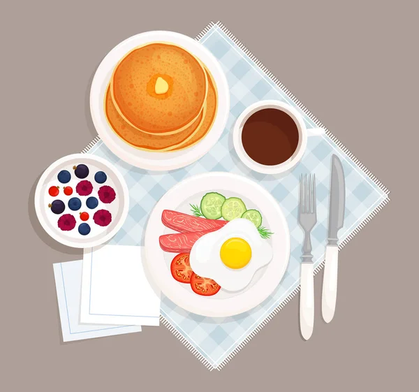 Petit Déjeuner Servi Sur Table Sur Les Assiettes Trouvent Des — Image vectorielle