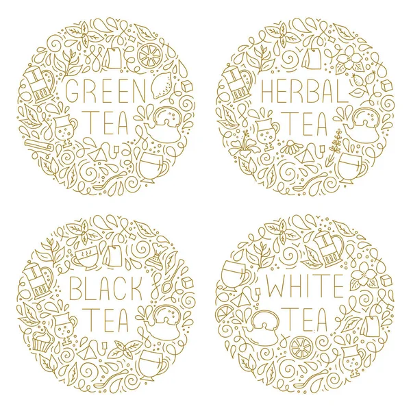 Molduras Decorativas Redondas Com Nomes Chá Ilustração Vetorial Estilo Esboço — Vetor de Stock