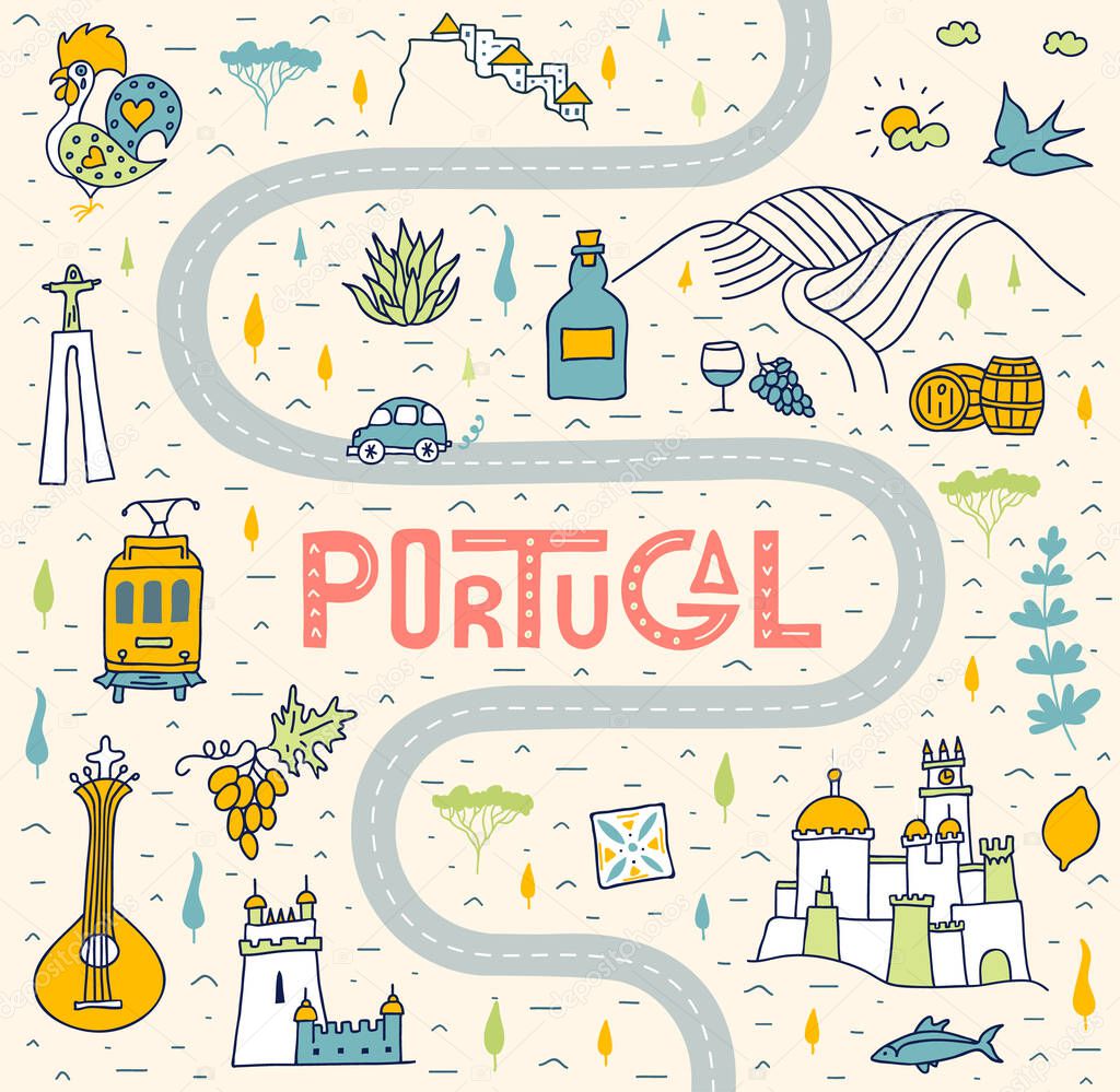 Stylized tourist route for a trip to the sights of Portugal. Hand-drawn travel map with road, lettering and country symbols in carton doodle style. Vector illustration.