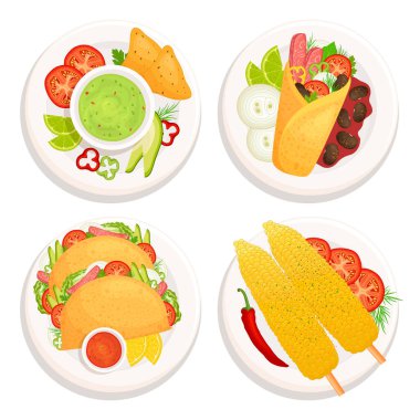 Üstten görünen bir Meksika yemeği seti. Geleneksel Meksika mutfağı. Sinek stilinde vektör illüstrasyonu. Yemekler ve malzemeler beyaz arka planda izole edilmiş. Burrito, guacamole, taco, elote.