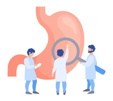 Bir grup doktor mideyi kontrol ediyor. Minik insanlar organı inceleyip teşhis koyuyorlar. Mide hastalığının, metabolizmanın ve obezitenin önlenmesi konulu afiş. Vektör düz konsept. Tedavi.