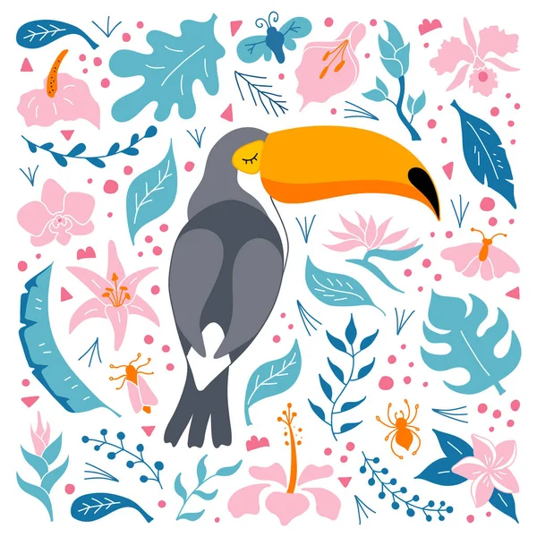 Mignon Toucan Sur Fond Motif Tropical Illustration Brillante Pour Enfants — Image vectorielle