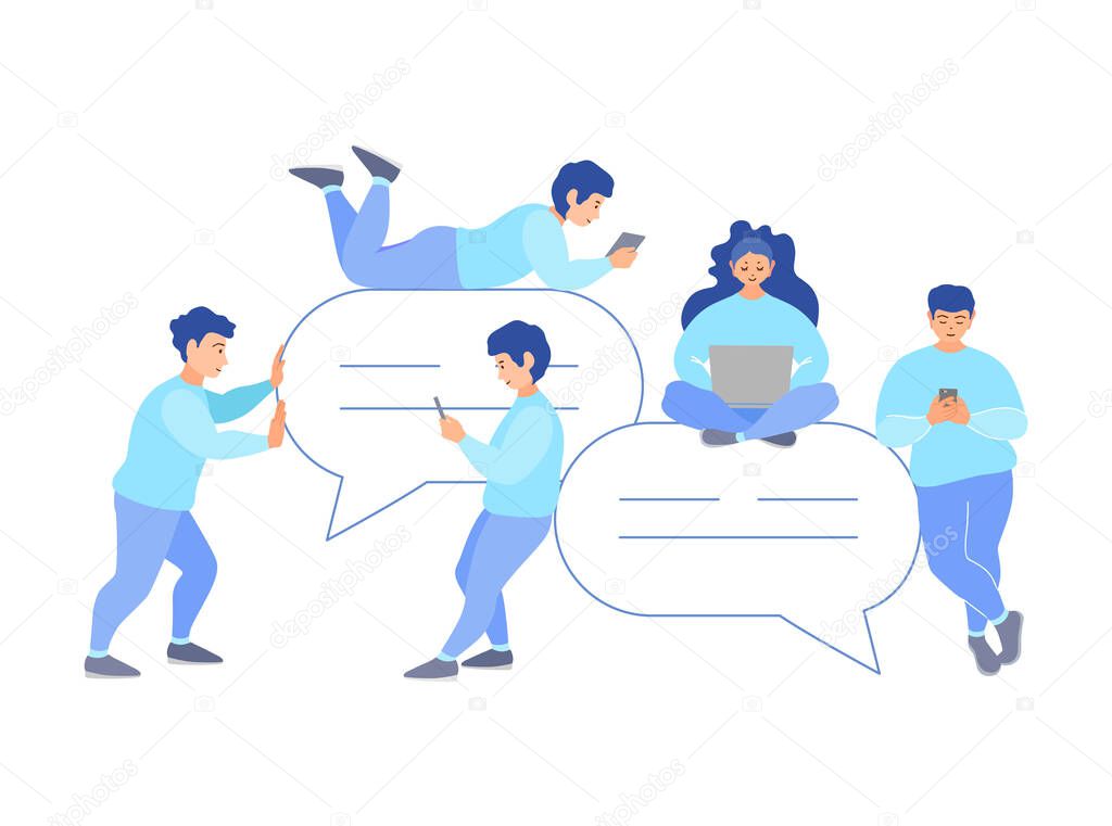 Team of people with gadgets around message icons chat online. Community messaging. Communication on the internet. Tiny people around chat bubble. Vector illustration in a flat style.