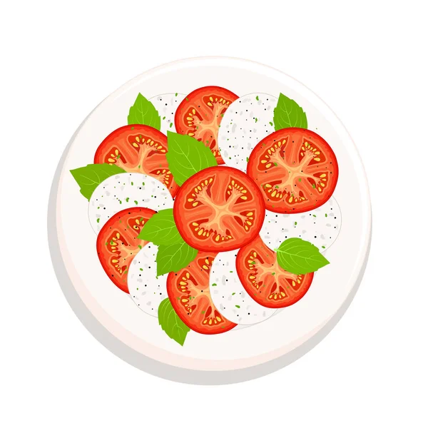 Σαλάτα Caprese Ένα Πιάτο Θέα Παραδοσιακό Ιταλικό Πιάτο Ντομάτες Μοτσαρέλα — Διανυσματικό Αρχείο
