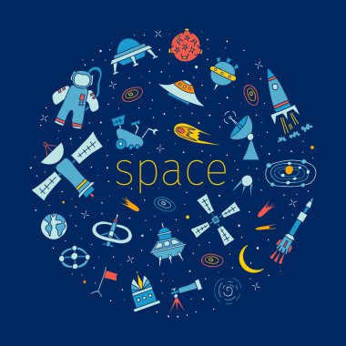 Koyu arkaplanda uzay sembolleri olan yuvarlak çerçeve. Astronotlar, astronomi ve galaksi seyahati temalı el yapımı elementler. Çizgi film tarzında vektör çizimi. Karalama ögeleri
