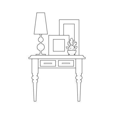 Mobilya ve iç dekorasyon ana hatlarıyla. Vektör doğrusal çizim. Mobilya tasarımı ve ev dekorasyonu.