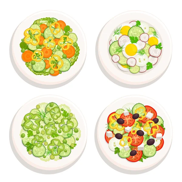 Ensemble Salades Isolées Sur Fond Blanc Salades Sur Assiettes Vue — Image vectorielle