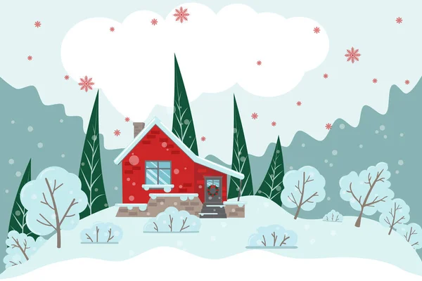 Vektor Weihnachtsbeleuchtungskarte Mit Haus Bäumen Und Schnee Mit Platz Für — Stockfoto