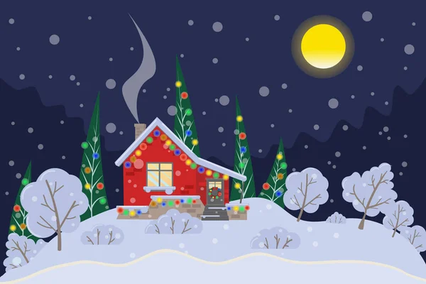 Tarjeta Luz Navidad Vectorial Con Casa Árboles Nieve Con Lugar —  Fotos de Stock