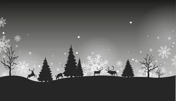 Hiver Noir Blanc Paysage Nouvel Avec Cerfs Flocons Neige — Image vectorielle