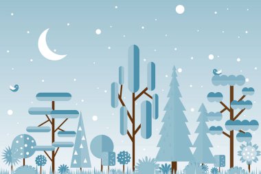 Vektör kış orman illüstrasyon mavi renkte.
