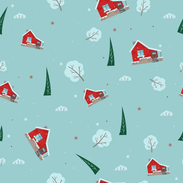 Vektor Nahtloses Winterblaues Muster Mit Häusern Bäumen Und Schnee — Stockvektor